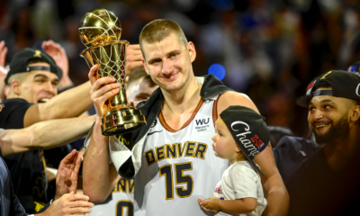 Nikola Jokic of the Denver Nuggets celebrates as the team wins the NBA Championship